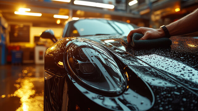 Sleek black sports car being polished in a workshop setting.