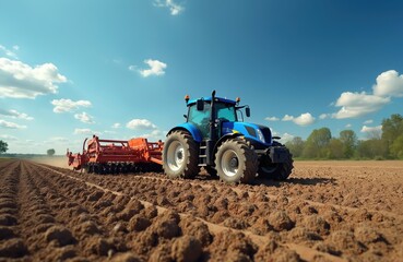 Obraz premium New Holland tractor with Potila harrow working field. Agricultural machine tilling soil, farmland preparation. Modern technology in countryside. Farming, agriculture, industry, rural landscape on