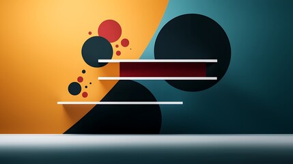 Abstract geometric wall design with colorful shapes and floating shelves in a modern setting