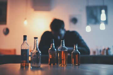A somber scene  a man drinks alone amidst empty bottles and a depressed figure in the background