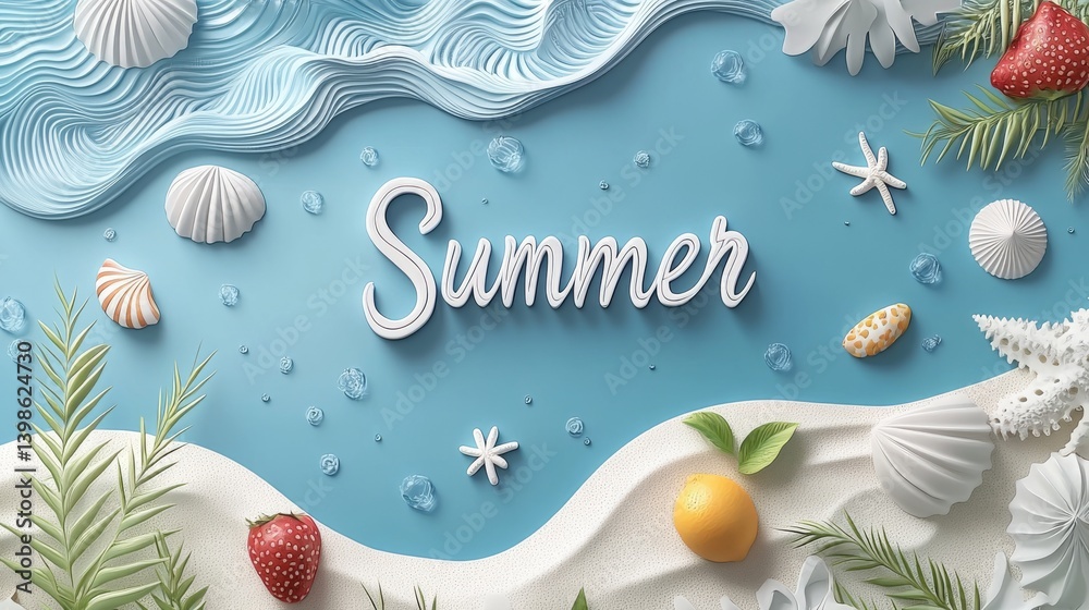 Fototapete greeting the summer with a modern 3d typography featuring a sun and palm tree, set against a blue do