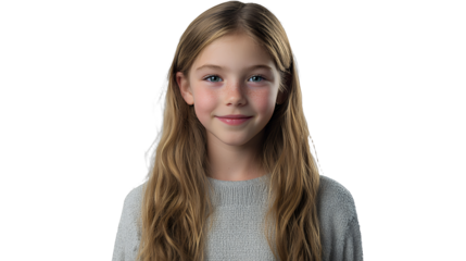 a little girl with long hair and a serious look on her face on a transparent background, PNG image, PNG file, Generative art.