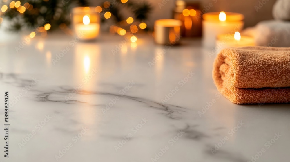 Poster Plush towels and golden accessories complement scented candles on a marble surface, creating a serene and inviting spa atmosphere for self-care moments
