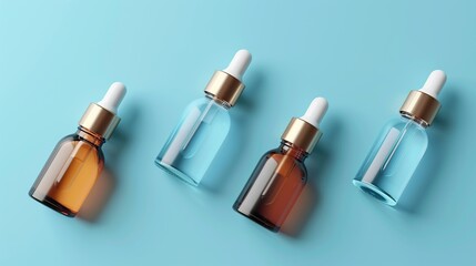 Obraz premium A sleek amber glass dropper bottle hovers mid-air against a clean blue background, creating a modern and minimalistic aesthetic. Perfect for essential oils, skincare serums, or wellness products 