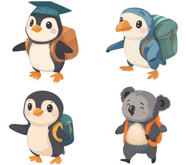 Fototapeta premium Cute animal characters wearing school uniforms, a penguin in a cap and gown, a bird with a backpack or book, a mouse on the run, isolated on a transparent background PNG.
