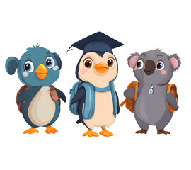 Fototapeta premium Cute animal characters wearing school uniforms, a penguin in a cap and gown, a bird with a backpack or book, a mouse on the run, isolated on a transparent background. 
