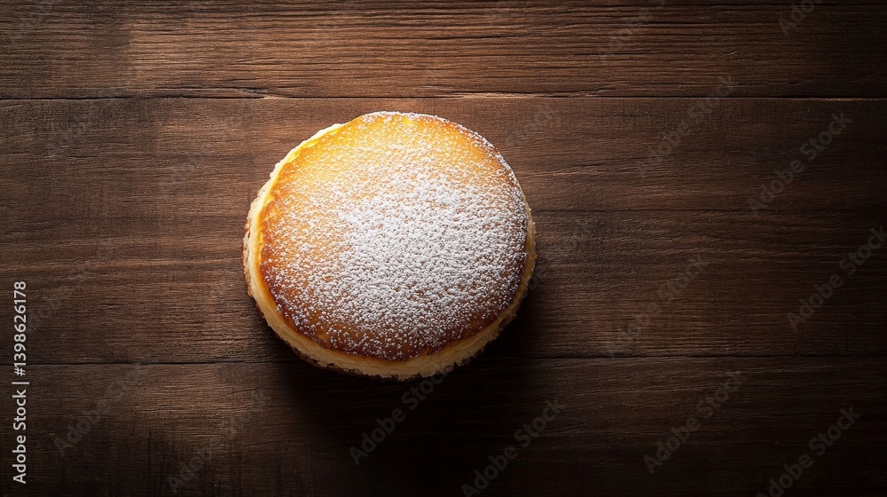 Poster stack of fluffy pancakes dusted with powdered sugar sits on a rustic wooden table, illuminated by so