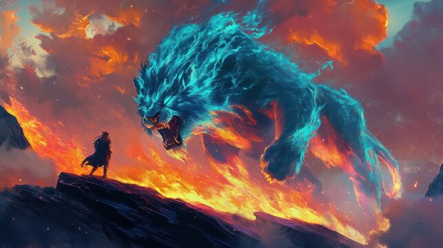 Fototapeta Fiery mountain confrontation  hero faces blue fire lion