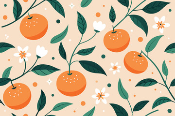 Floral Tangerine Pattern Orange Citrus with Leaves and White Blossoms on Beige