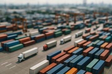 Obraz premium Cargo Trucks Parked in Large Shipping Container Yard at Sunset