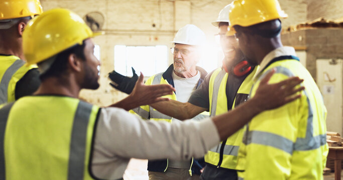Group, people and meeting with handshake for construction agreement, maintenance success and teamwork. Foreman, high five and partnership for project support, celebration and renovation collaboration