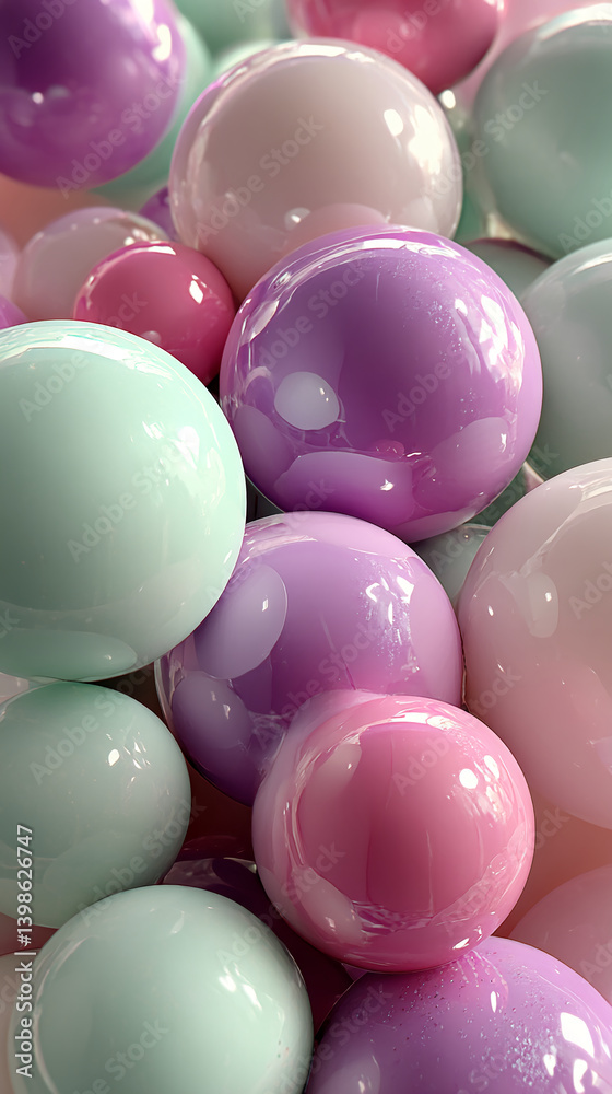 Aufkleber close-up of pastel-colored spheres, smooth and glossy surface, creating a soft and delicate appearan
