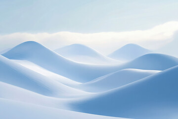 A serene snowy mountain landscape with soft blues and whites offering a peaceful, dreamy escape into the tranquil beauty of a winter wonderland