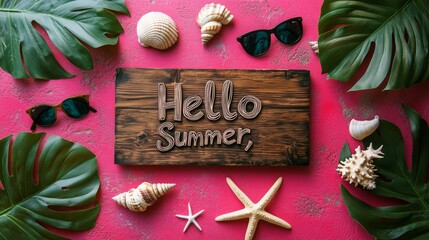 A wooden signboard on the beach, featuring the words "Hello Summer," surrounded by palm leaves, seashells, a starfish, and a glass of orange juice, with a backdrop of palm leaves and a sunset