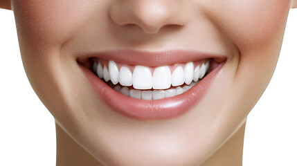 Obraz premium close - up of a young woman smiling with white teeth on her face on a transparent background, PNG image, PNG file, Generative art.