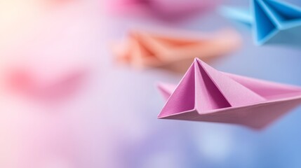 Colorful paper airplanes float gracefully against a beautiful gradient sky, representing imagination and the joy of playful expression in a whimsical setting
