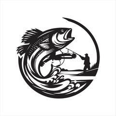 Vintage Fishing Logo with Jumping Fish and Fisherman.