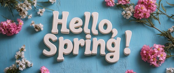 Hello, spring! Charming, colorful flower pattern; floral banner set against a bright blue backdrop