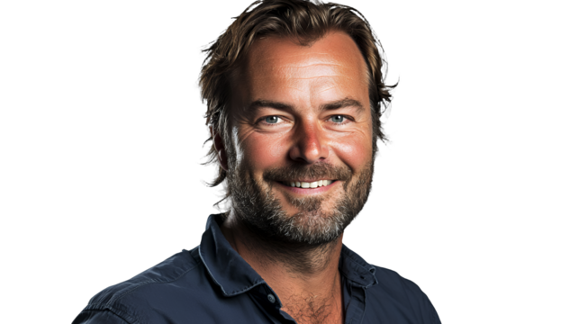 a man with a beard and hair in a blue shirt smiling at the camera on a transparent background, PNG image, PNG file, Generative art.