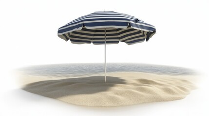 On white sand with a backdrop behind, a striped beach umbrella offers shade and a summery vibe