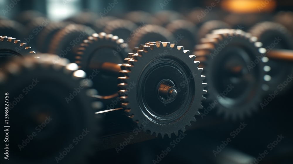 Poster Intricately designed gears interlock seamlessly in a large industrial machine, reflecting light on their polished surfaces to emphasize mechanical precision