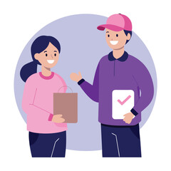 Fototapeta premium Happy Delivery Person Gives Package to a Woman, Flat