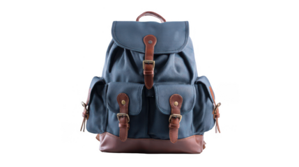 Blue backpack with brown leather details isolated on a white background, png