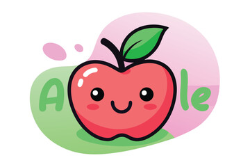 Kawaii Style Red Apple with Green Leaf, Sweet Smile, Cute Face on Color Splash Background