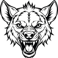 Black and White Hyena Head with Open Mouth, Sharp Teeth, Fierce, Aggressive