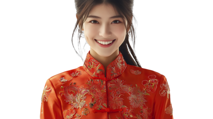 a young woman dressed in traditional clothing, wearing a red kimono, smiling photo on a transparent background, PNG image, PNG file, Generative art.