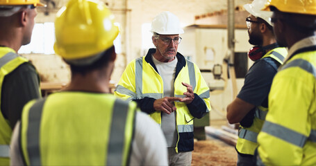 Meeting, contractor and construction team on site for planning with building, maintenance or...