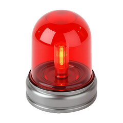 Close up of a red emergency light with a silver base and a bright yellow bulb inside the dome on transparent background