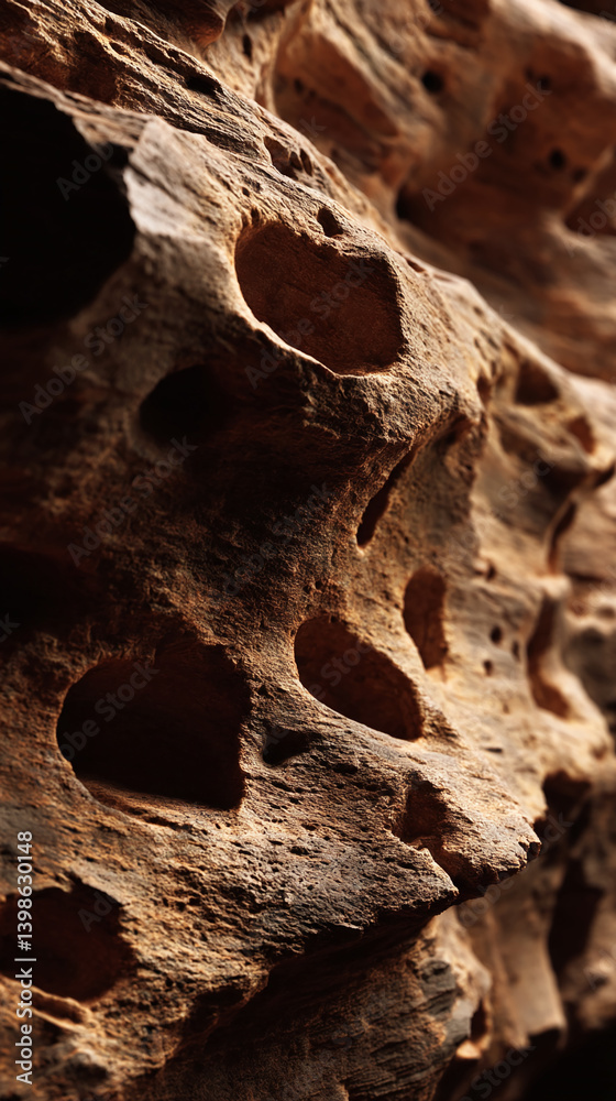 Poster close-up of brown wood texture with irregular holes, showing depth and shadow, suggesting age and na