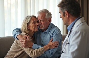 Obraz premium Senior couple embraces, comforting after bad medical results announcement. Doctor in white coat offers support. Man, woman with closed eyes, in distress. Health care, consultation. Medical advice.