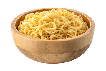 Egg noodles in wooden bowl, isolated on transparent background