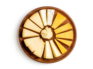 Assorted cheese wedges arranged on a round wooden board against white background.