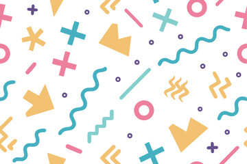 Playful Seamless Pattern with Colorful Geometric Shapes on White Background