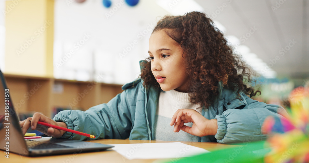Aufkleber student, girl and assessment with laptop for typing, e learning or online class for knowledge. virtu