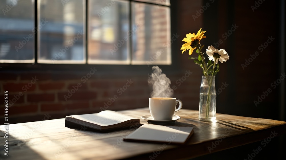 Poster a rustic cafe table holds a steaming cup of tea, an open book, and a vase of fresh flowers, illumina
