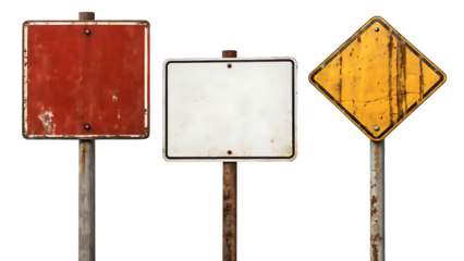 Set of three isolated rusty road signs on transparent background