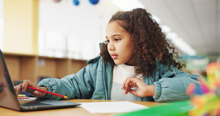 Student, girl and assessment with laptop for typing, e learning or online class for knowledge. Virtual school, development and child on technology for project activity on teaching platform in library