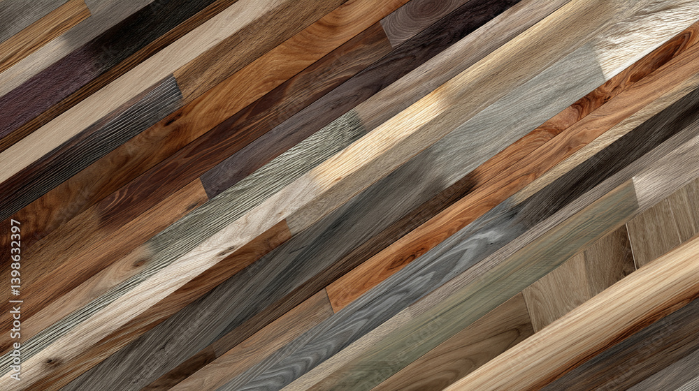 Poster diagonal arrangement of various wood planks, showcasing diverse tones and textures, representing rus