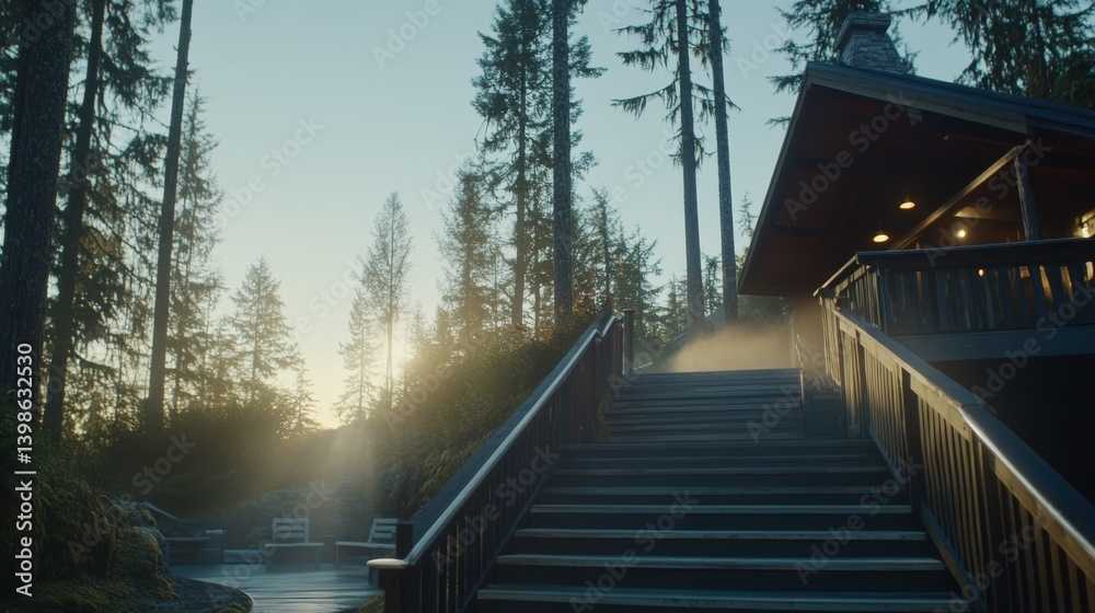 Aufkleber A misty staircase in a quiet forest rises toward soft light, creating an enchanting path illuminated by trees. The atmosphere invites tranquility and exploration
