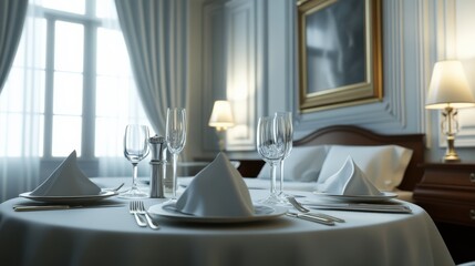 Elegant dining setup in a luxurious room with soft lighting and fine tableware
