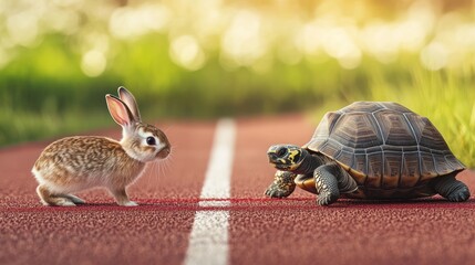 A rabbit and a turtle race on the track, with blurred grass in the background.
