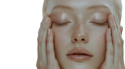 a young woman with closed eyes covering her face with her hands on a transparent background, PNG image, PNG file, Generative art.