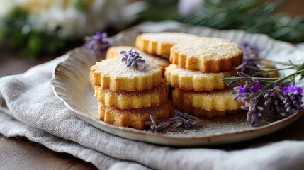 Delicious lavender shortbread cookies dusted with powdered sugar on a plate