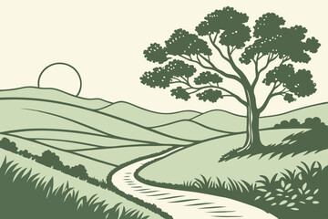 Serene Hillside Path with Majestic Tree and Morning Sunlight