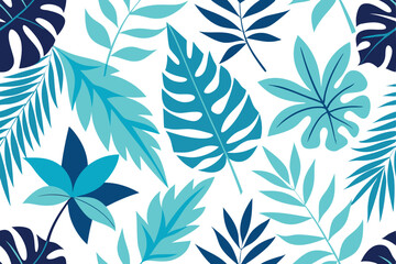 Fototapeta premium Tropical Leaves Seamless Pattern Design with Blue Shades on White Background