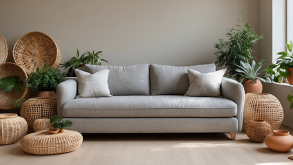 Serene living room sanctuary featuring a light grey linen sofa, surrounded by woven baskets, lush greenery, and soft natural light, creating a calming and inviting atmosphere.